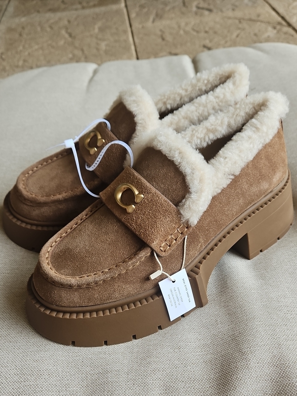 Coach Leah Platform Lug Sole Loafer Suede & Shearling Upper Coconut/Natural, 7